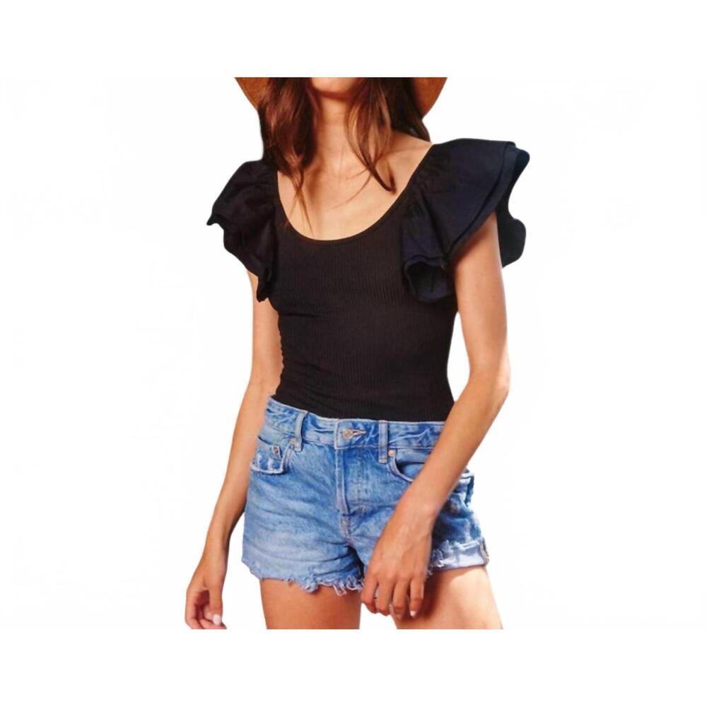 NEW HOITY TOITY ruffle shoulder ribbed bodysuit in black